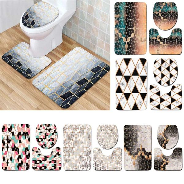 Tapetes de banho geométricos capa de vaso sanitário macio quarto entrada tapete anti deslizamento para chuveiro luxo banheiro conjuntos de toalete