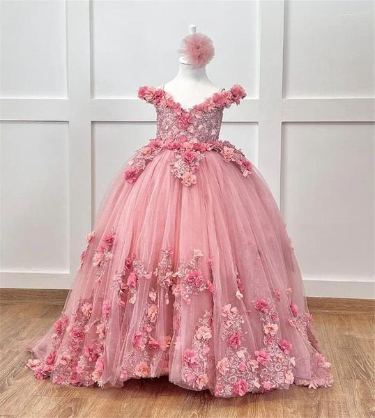 Mädchenkleider kommen Blumenkleid für Hochzeit Korsett zurück rosa Applikation Blumen Prinzessin Erstkommunion Party Abendkleid