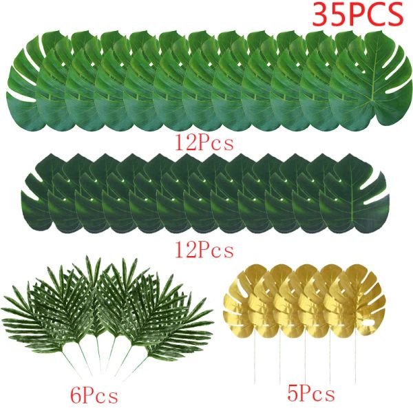 Calligrafia 35 pezzi di foglie di palma artificiali foglie di palma tropicale verde oro per decorazioni da tavola per feste a tema Hawaiia Party Jungle Beach