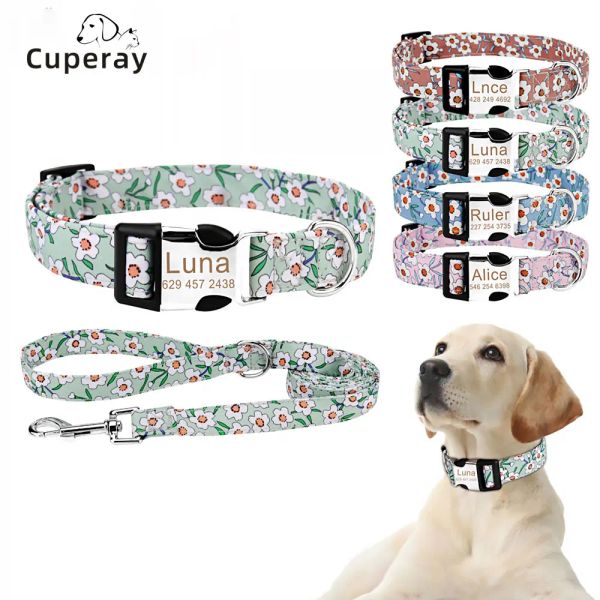 Set collare per cani personalizzato per cani di taglia media e piccola con nome, numero di telefono, guinzaglio carino fantasia in metallo inciso