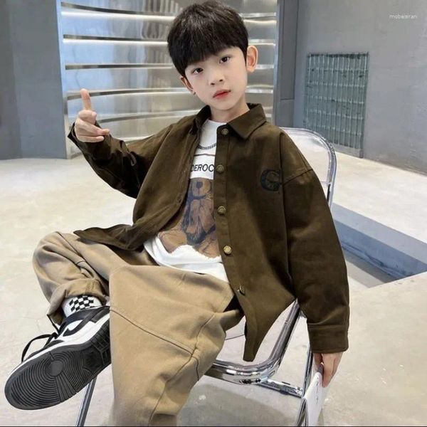 Комплекты одежды, весенне-осенняя модная повседневная детская вязаная рубашка в Корейском стиле для мальчиков, футболка, свободные штаны, детские костюмы из 3 предметов