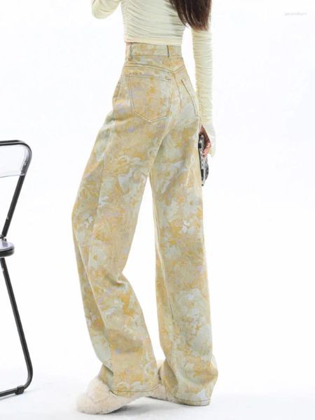 Pantaloni da donna Korejepo Jeans tinti in cravatta gialla Primavera Autunno Donna Halo Flower Gamba larga ampia colorata Casual Versatile Chic Bottoms