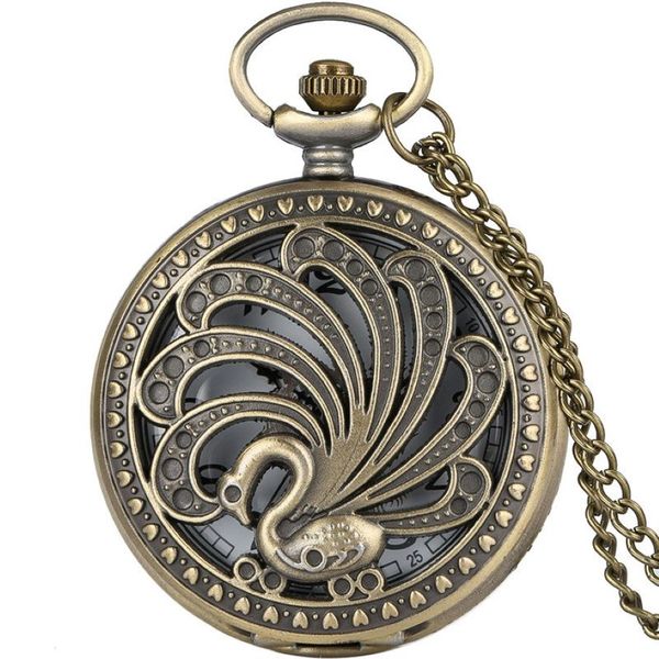 Bronze vintage oco pavão design relógio de bolso animal quratz relógios com corrente colar para mulheres homens crianças orologio da tasca2164