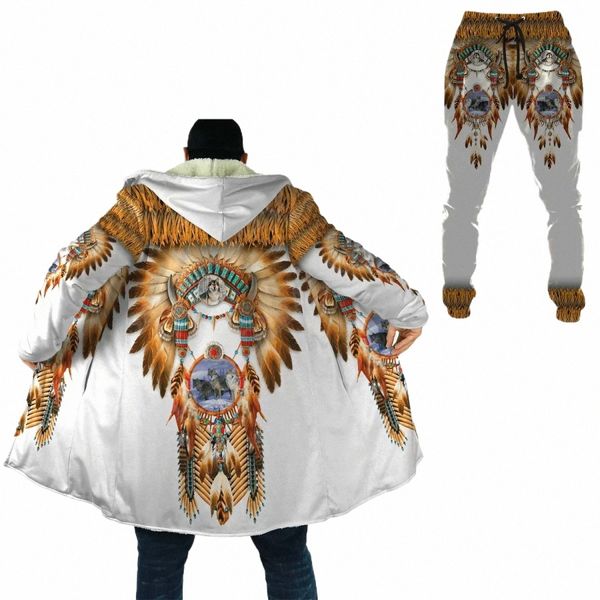 Native Tribe Wolf Feather Толстый теплый плащ с капюшоном Спортивные штаны Комбинированный комплект Пальто Ветрозащитный флис Унисекс Бегуны Брюки-1 I09N #