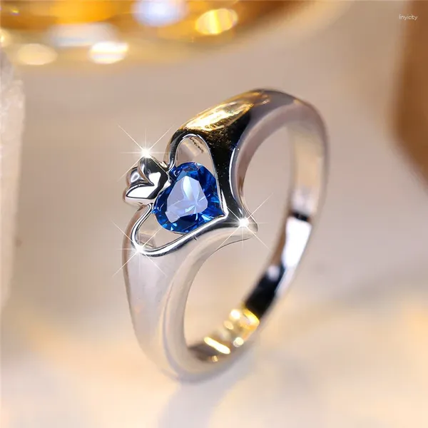 Anéis de casamento de luxo feminino pequeno azul redondo zircão pedra anel de noivado na moda rosa ouro cor noiva jóias presente para mulher