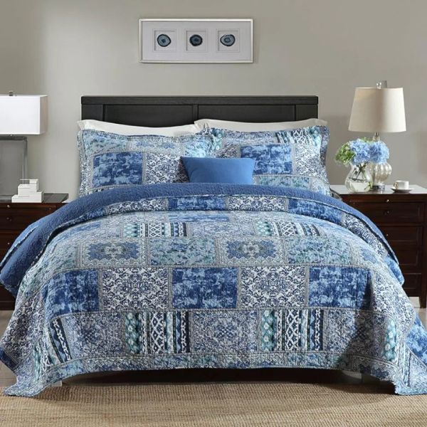 Set Cotton Cotton Bedspread Peceet Cover Set Doubleded Patchwork Pecork Cover Set, Blue Classic Bohemian Patter