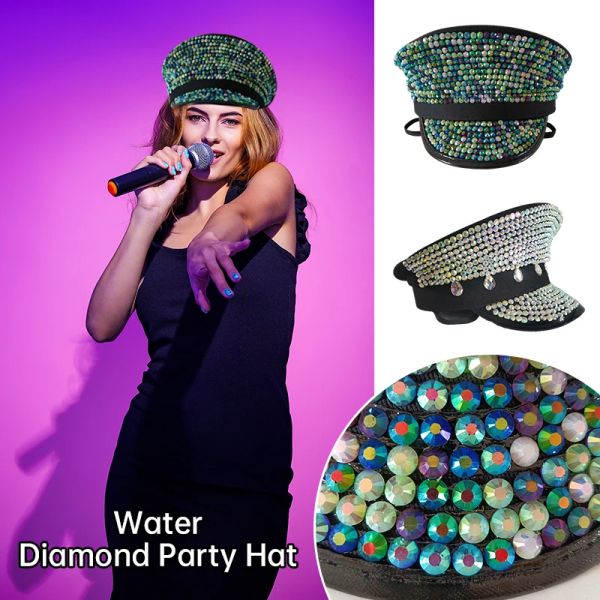 Cappelli Punk Paillettes Shinny Strass Cappello militare Novità Shiny Sergeant Hat Captain Cap Party Carnival Flat Hats Performance Cap