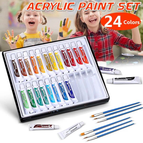 Liefert 24 Farben, 12 ml, Premium-Acryl-Künstlerfarben-Set mit 6 Pinseln, leicht zu reinigen, schnell trocknend, für Kinder, Studenten, Leinwand, Holz, Keramik