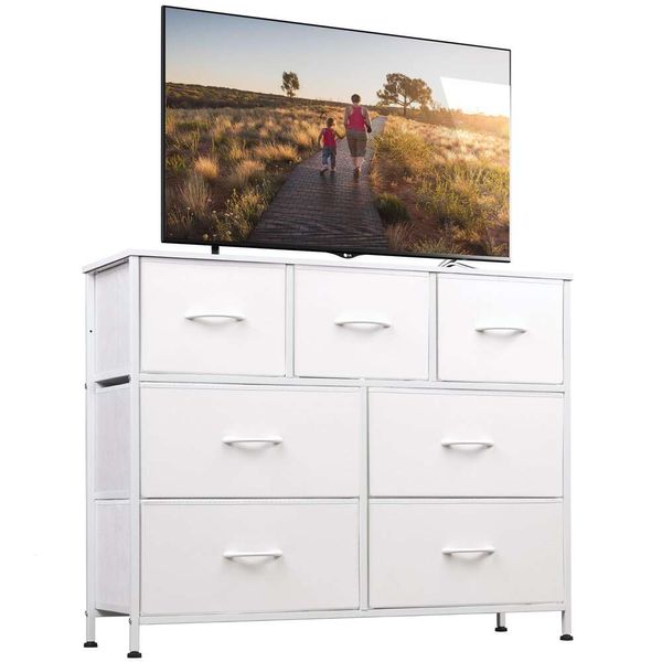 Wlive Dresser con 7 cassetti, comò per camera da letto, torre di stoccaggio in tessuto, corridoio, ingresso, armadi, telaio in acciaio robusto, top in legno, manico a trazione facile, bianco