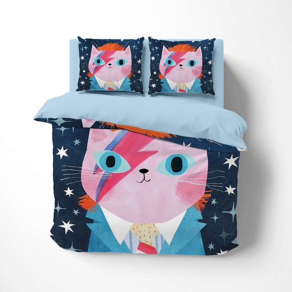 Set copripiumino gatto cartone animato king/queen size, design colorato disegnato a mano con stampa gattino hipster, copripiumino per bambini ragazzi ragazze