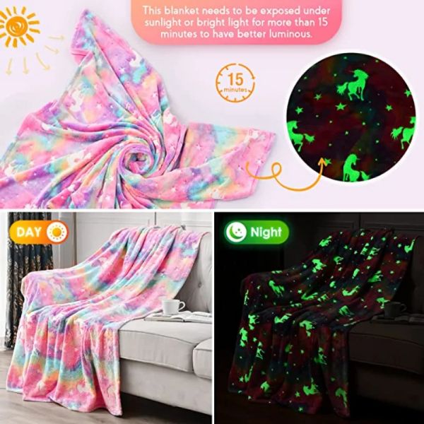 Toys New Spacecra Coperta che si illumina al buio, regalo di unicorno per bambini, compleanno, arredamento della camera da letto, giocattoli di unicorni, morbida e accogliente coperta luminosa