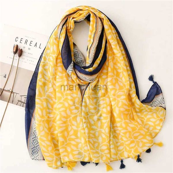 Sarongs yitao lenço de lenço japonês linho de algodão fresco lenço de lenço de seda Voile amarelo folha feminina xale 240325