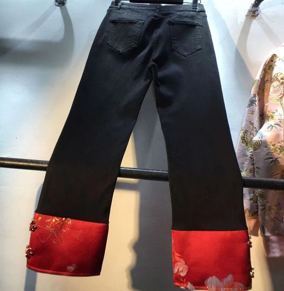 Jeans femininos estilo chinês vermelho jacquard diamantes contas mulheres jeans calças 2024 primavera preto cintura alta estiramento tornozelo comprimento reto
