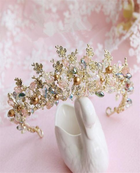 Bütün Düğün Gelin Başlık Saç Aksesuarları Altın Boncuk Boncuk Bandı Prenses Taç Tiara Kraliçe Takı Kristal Rhinestone HEA2498826