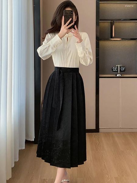 Vestidos casuais 2024 primavera branco camisa de manga longa preto jacquard saia plissada dois conjuntos de peças mulheres vintage estilo chinês conjunto de cara de cavalo