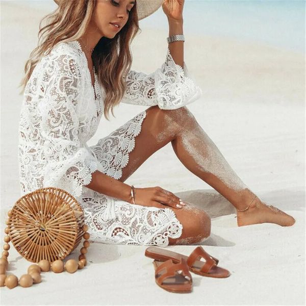 Mulheres praia floral mini vestido bikini coverups rendas crochê oco maiô branco túnica sarong envoltório beachwear 240318