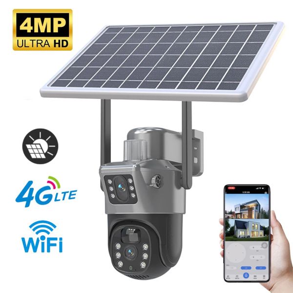 4MP WIFI Wireless PTZ Telecamera solare Doppia lente Doppio schermo Telecamera IP esterna 4G Pannello solare Audio PIR Telecamera di sorveglianza di sicurezza