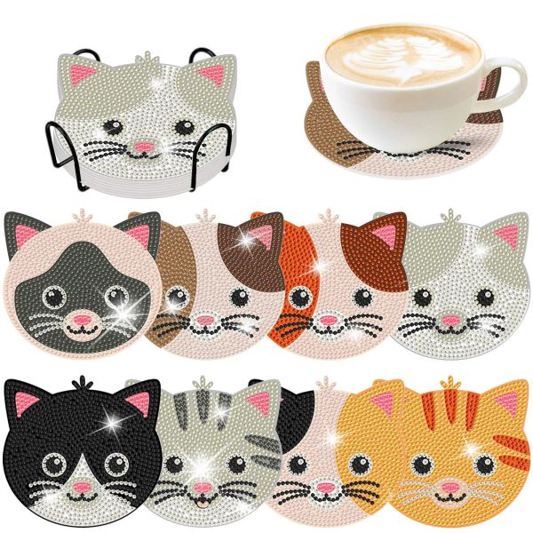 Stitch 8pieces Cat Diamond Painting Coaster con supporto per le sottobicchieri artistici diamanti fai da te con kit basi di sughero attaccabili per adulti