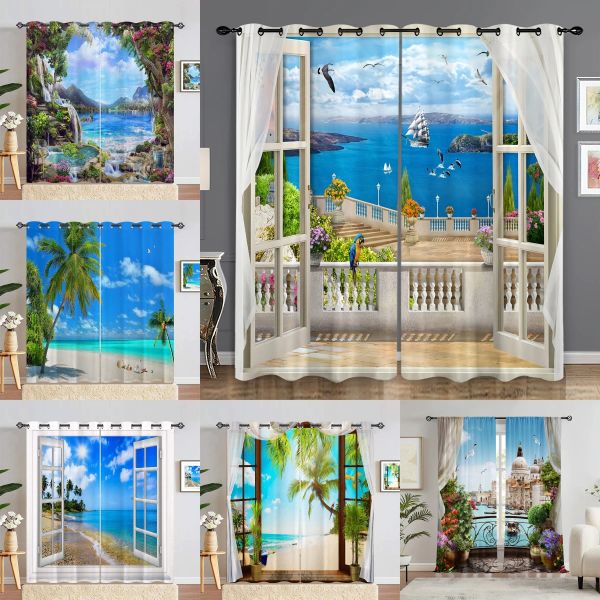 Vorhänge, hochwertiger blauer Meer-Fenstervorhang, natürliche Landschaft, 3D-dünner Stoff, Badezimmer-Schlafzimmer-Dekor, großer 240 x 270 bedruckter Rollo-Vorhang