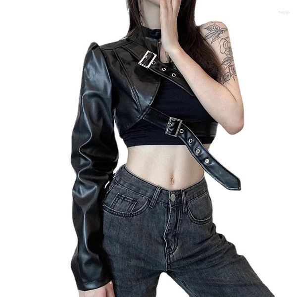 Giacche da donna PU La giacca per colture in pelle per una spalla singola spalla femminile punk motociclista molla corta outwear scroba