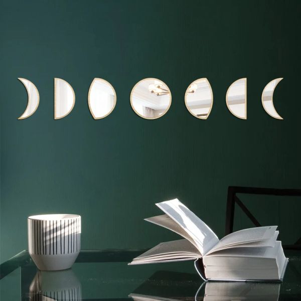 Adesivos 7 unidades / conjunto Ins Espelho de madeira acrílico da lua Adesivos de parede Mudança do ciclo da lua Eclipse lunar Espelho de parede decorativo Espelho de fase da lua