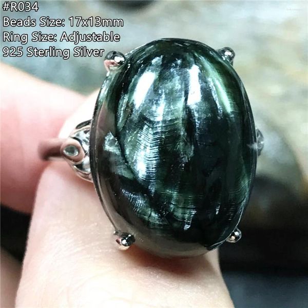 Anel de serafinita verde natural do cluster 925 prata para mulheres homens cura cristal 17x13mm miçangas de pedra jóias ajustáveis