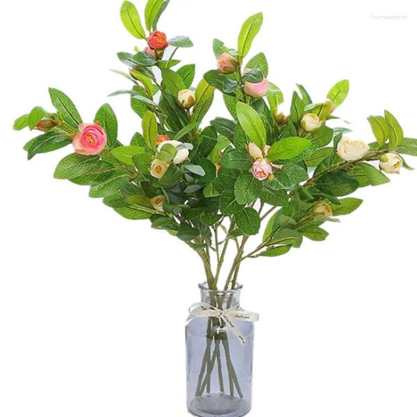 Flores decorativas 5 pçs seda camélia flor hastes artificiais chá rosa ramos para peças centrais do casamento decoração floral