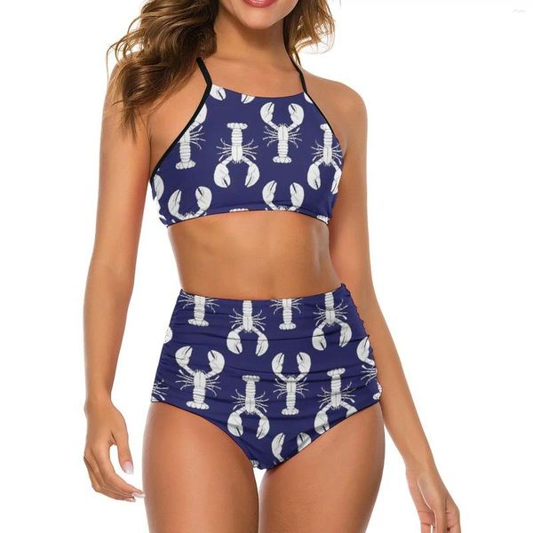 Araginestri da bagno femminile Stampa Bikini Swimsuit Blue and White Kawaii High Waist Design Bikini Set di abiti da spiaggia regolabili