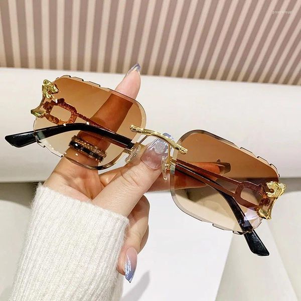 Óculos de sol Y2K Designer Rimless Square Women for Men 2024 Vintage Punk Sun Glasses Gold Leopardys Peyeglasses UV400