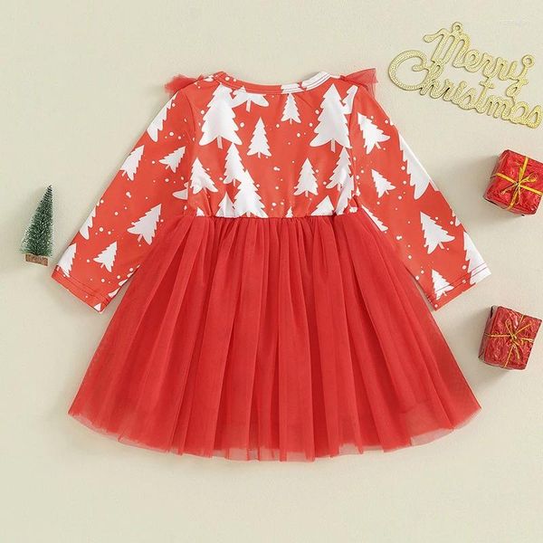 Mädchen Kleider Kleinkind Mädchen Süßes Prinzessin Kleid Langarm Weihnachtsbaum Print Tüll Patchwork