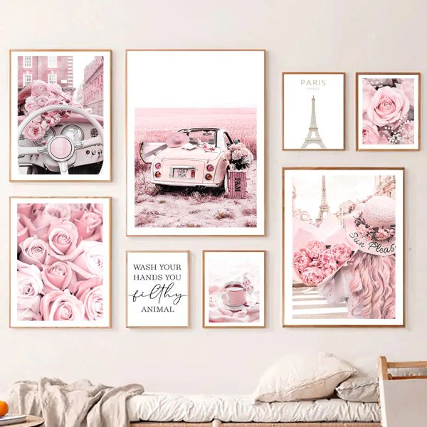 Kalligraphie rosa Rose Paris Turm Oldtimer Aron Kuchen Wandkunst Leinwand Malerei Poster und Drucke Wandbilder für Wohnzimmer Dekor