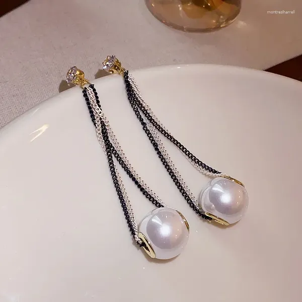 Creolen, große Perlenkugel, lang, für Damen, Kristalle, Quaste, Kette, Ohrring-Schmuck