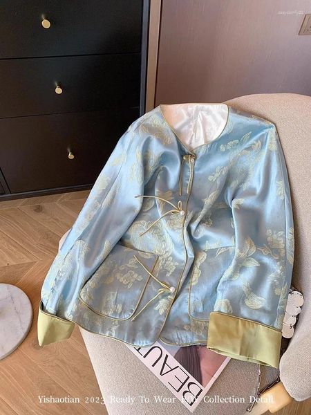 Damenjacken 2024 Chinesischer Stil Retro Schnalle Stehkragen Hemd für Frauen Frühling National Vintage Tangsuits Mantel Dame Blaue Tops