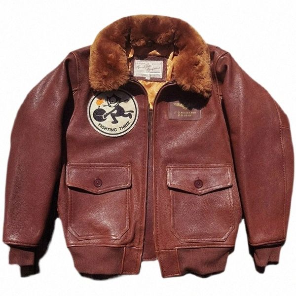 Rot Winter Herren Wein G1 Jacke Militärstil Plus Größe 3XL Echtes dickes Schaffell Aviati Die Felix Cat Echte Ledermäntel O4QS #