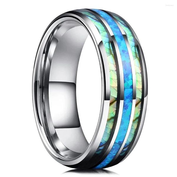 Anéis de casamento Moda 8mm Cor Prata Homens Aço Inoxidável Abalone Shell Inlay Azul Opala para Mulheres Banda Jóias Presentes