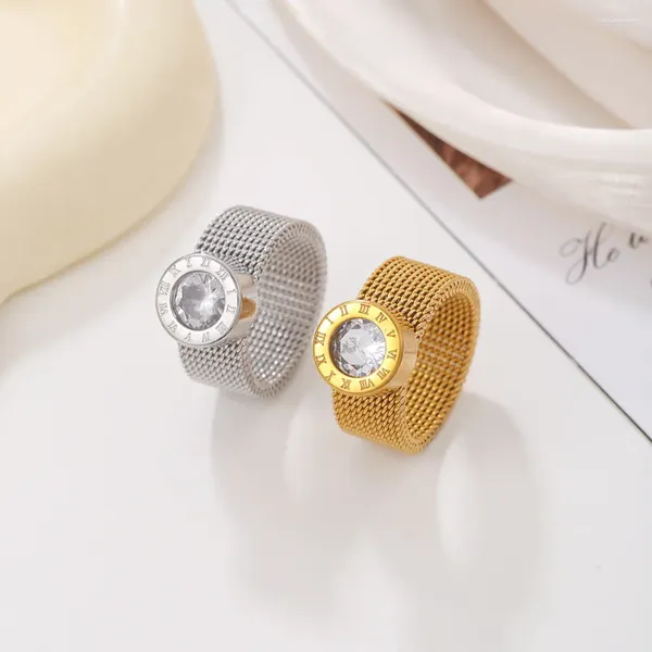 Hochzeit Ringe 16/Gold Farbe Edelstahl Ring Große Runde Kristall Mesh Finger Römische Ziffern Titan Für Frauen Männer