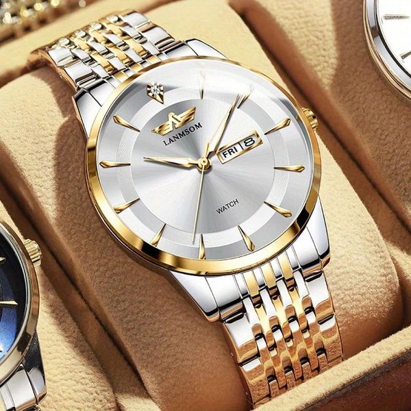 Relógios de pulso Lanmsom elegante e minimalista relógio masculino aço inoxidável duplo calendário negócios lazer à prova d'água