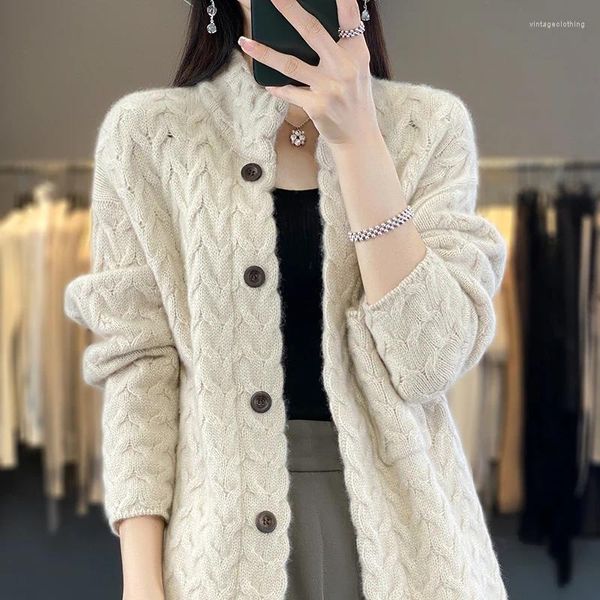 Cardigan da donna in pura lana cardigan con collo in piedi maglione sciolto tinta unita a maniche lunghe in cashmere lavorato a maglia comodo cappotto morbido