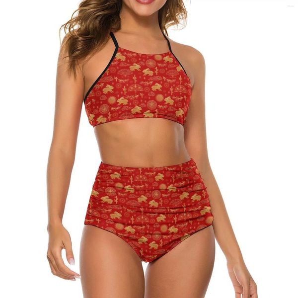 Conjunto de biquinis vermelhos femininos, roupa de banho tradicional chinesa com estilingue, sexy, cintura alta, estética gráfica de surf