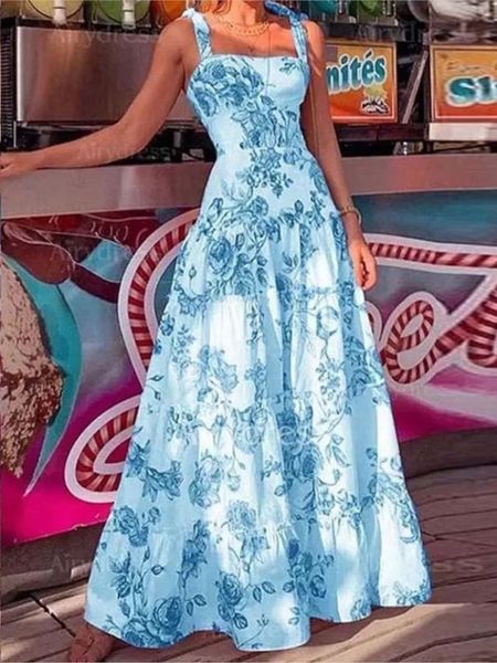 Lange Kleider für Frauen Blume gedruckte Spaghetti -Riemen hoher Taille Großer Rock Damen Maxi Kleid Sommer Boho Beach Party 240309