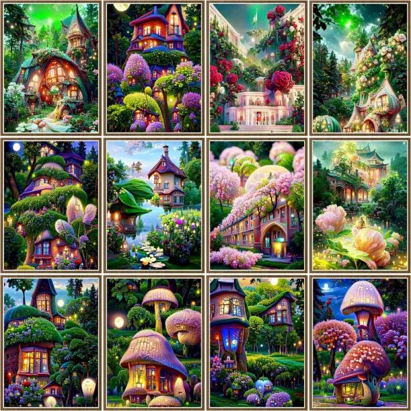 Número Chenistory Acrílico Pintura por Number Fairy Tale Forest House House Cenário, desenhando na tela Presente DIY Pictures by Number Kits Home De De