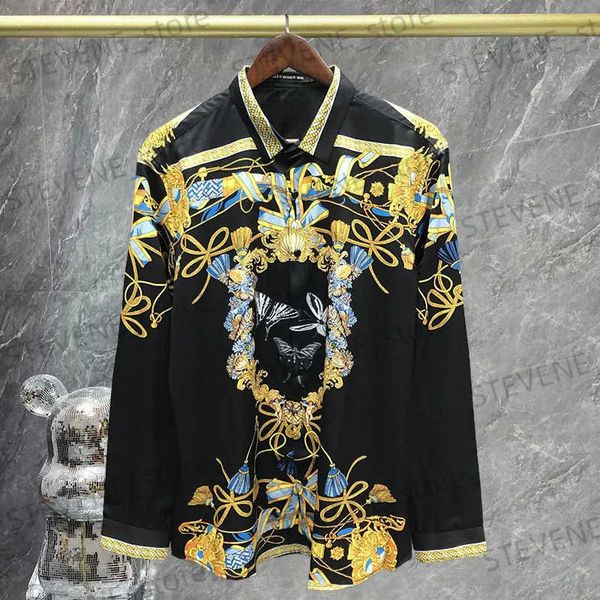 Мужские повседневные рубашки 2023 Высококачественная strtwear корейские мужчины черный золотой принцип барокко для печати цветочный рубашка мужская одежда