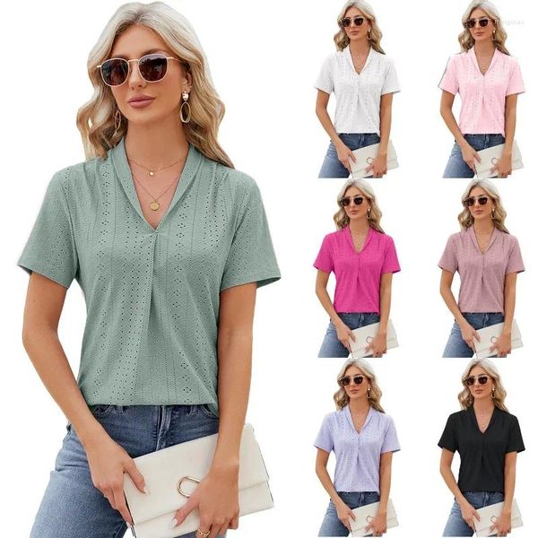 Frauen T Shirts 2024 Frühling Sommer V-ausschnitt Jacquard Lose Tops Revers Schwalbenschwanz Kurzhülse T-Shirt Individuelles LOGO