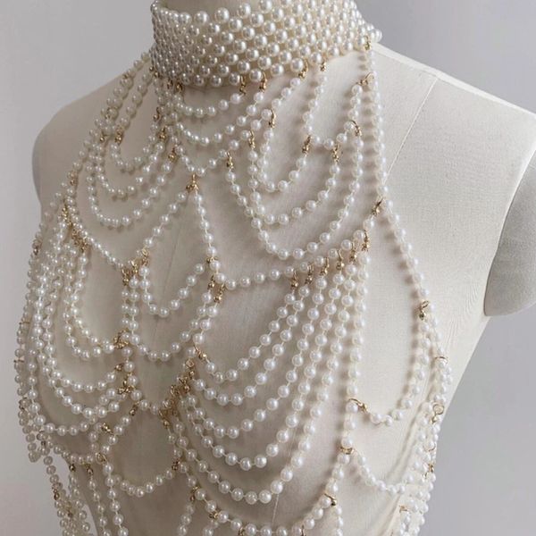 Corpo corrente jóias pérola sexy frisado colar ombro biquinis cintura sutiã correntes para mulheres hain vestido de casamento 240309