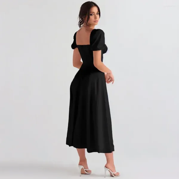 Lässige Kleider Sommer Midi-Kleid Eleganter quadratischer Ausschnitt mit abgestuften Rüschen Schnürriemen Detail Damen A-Linie plissiert für A