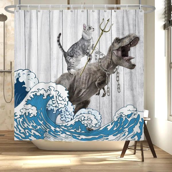 Tende Divertente Gatto che cavalca Dinosauro Tende da doccia Rustico Pannello in legno grigio Onda marina Tenda da bagno per bambini Decorazione bagno impermeabile con ganci