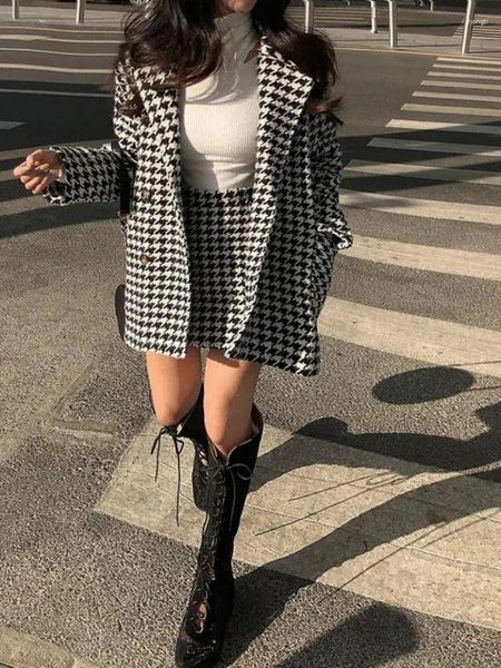 İş Elbiseleri Sonbahar Kış Ekose Yünlü Blazer Ofis Bayanlar 2 Parça Set Kore Uzun Kollu Takım ve Yüksek Bel A-Line Mini Etek