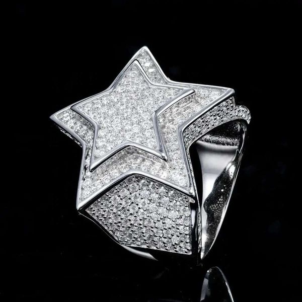 Özelleştirilmiş Tasarım Sterling Sier Ring VVS Moissanite Hip Hop Buzlu Gerçek 14K Gold Men Star Ring