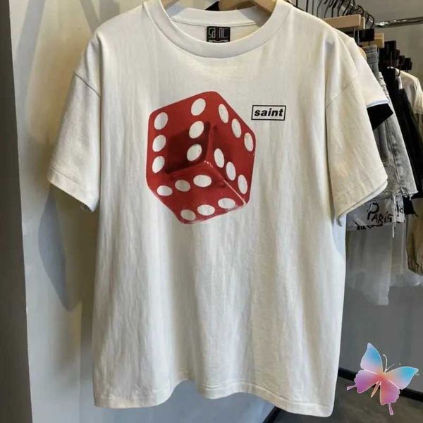 Мужские футболки Hiphop Street Red Dice Print Saint Michael Футболки Хлопок Повседневная Свободная мужская и женская одежда Винтажные стираные белые короткие топы J240325