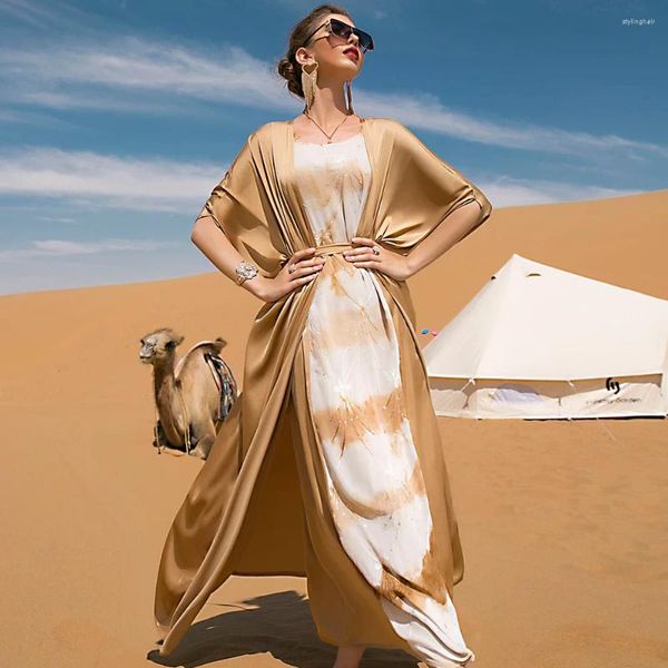Etnik Giyim 2 Parça Set Ramazan Eid Mübarak Abaya Dubai Türkiye İslam Müslüman Kıyafetler Arapça Uzun Elbise Kaftan Kadın Robi Kimono Hırka
